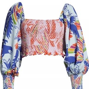 Farm Rio Mixed Birds Puff-Sleeve Smocked Crop Top